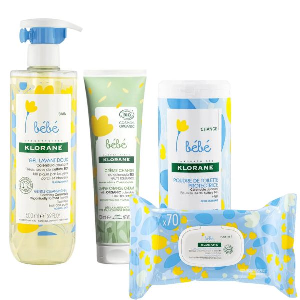Klorane Gamme Nettoyage Parfait pour Bébé GEL DOUCHE + CREME CHANGE + POUDRE + LINGETTES
